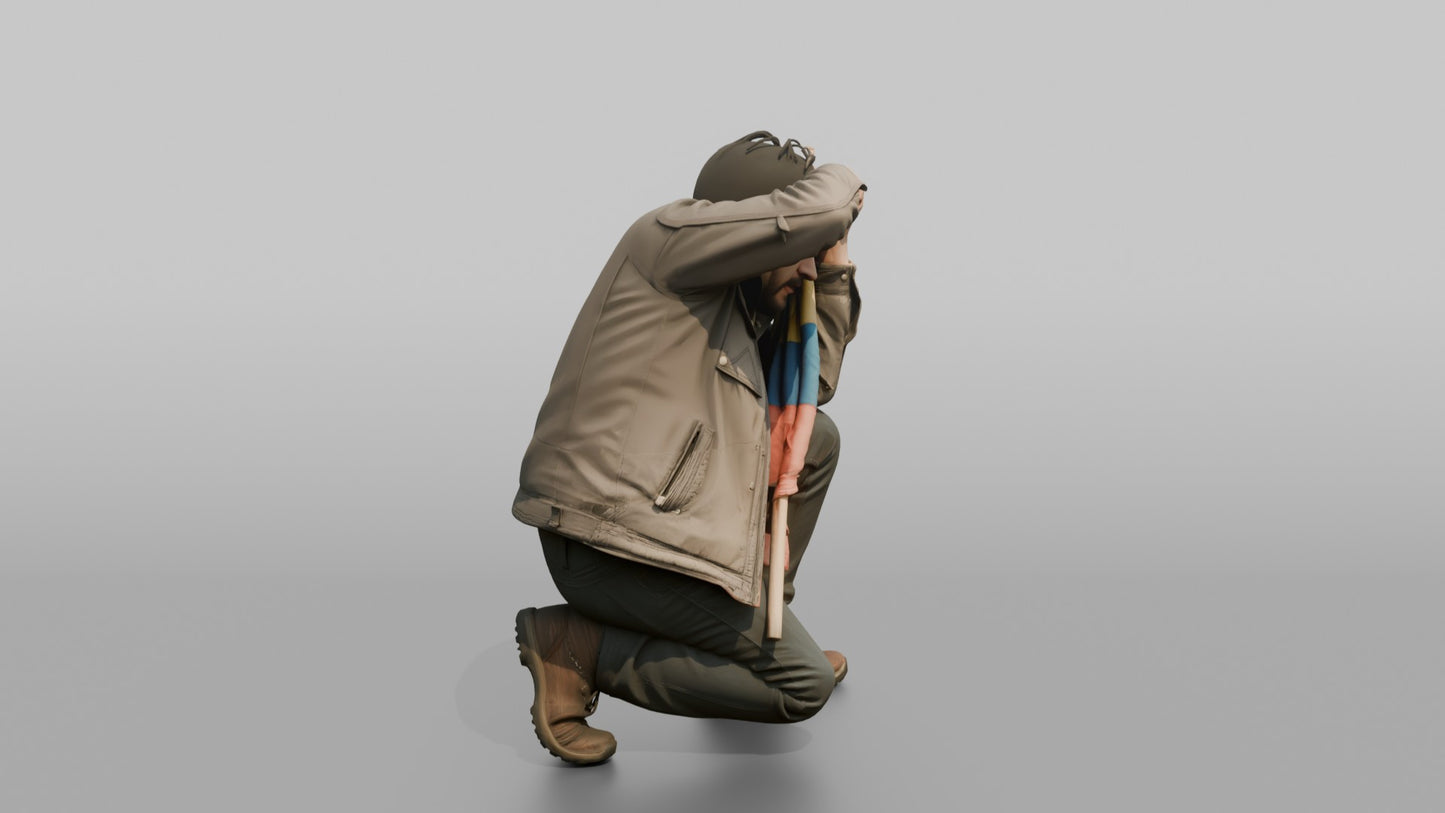 Protester Man Crouching with a Flag