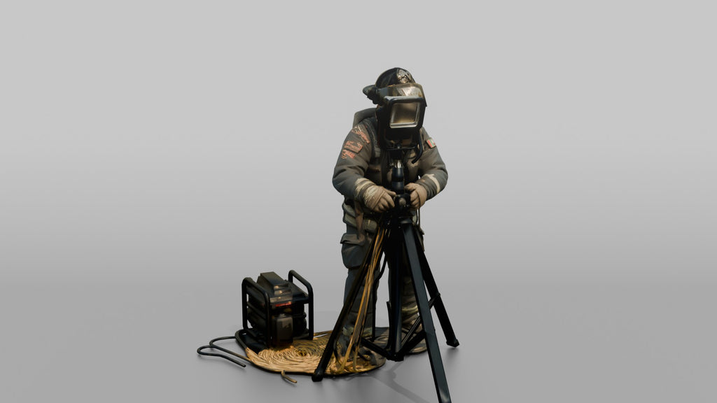 Firefighter Man Operating a Portable Floodlight Tripod