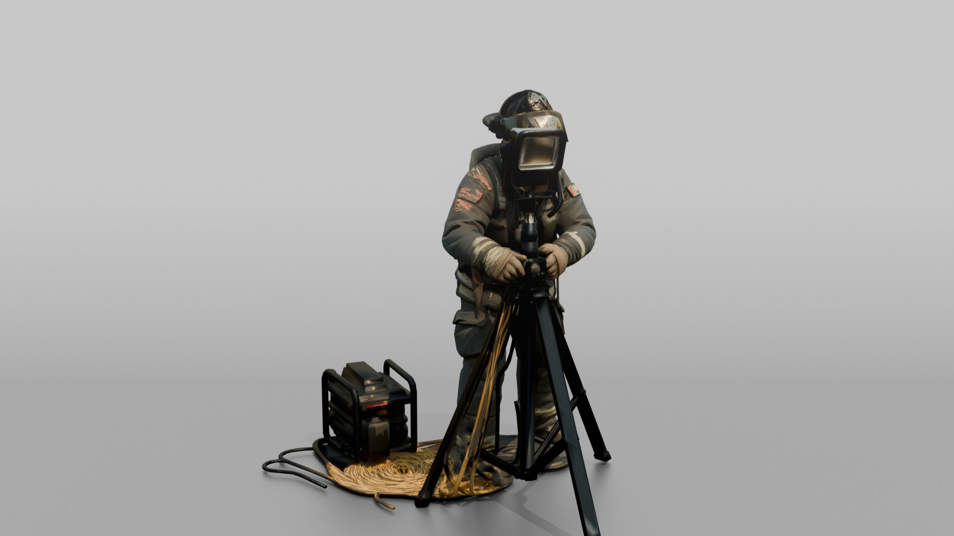 Firefighter Man Operating a Portable Floodlight Tripod