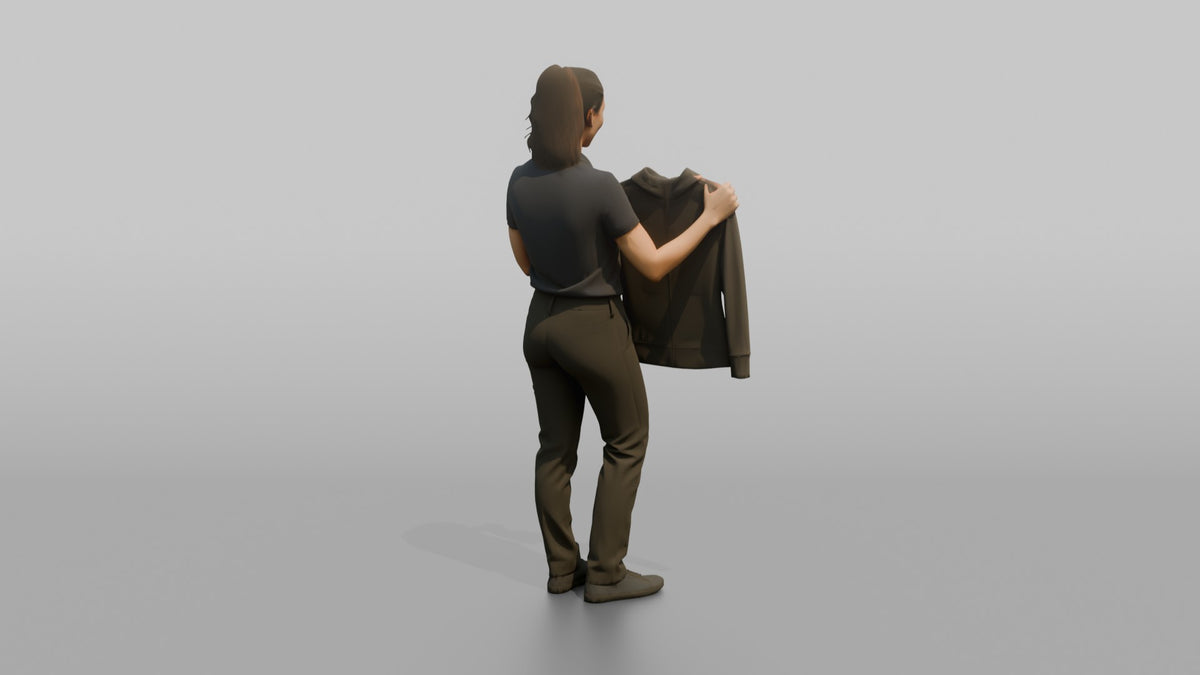 Woman Sales Associate Holding Up A Jacket For Size Comparison - 3D character model, view 3