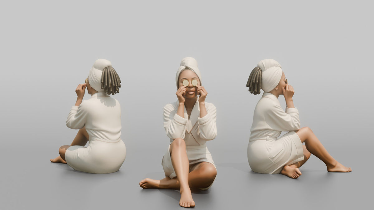 Spa Client Woman Sitting With Cucumber Slices Held Over Closed Eyes - 3D character model, view 1
