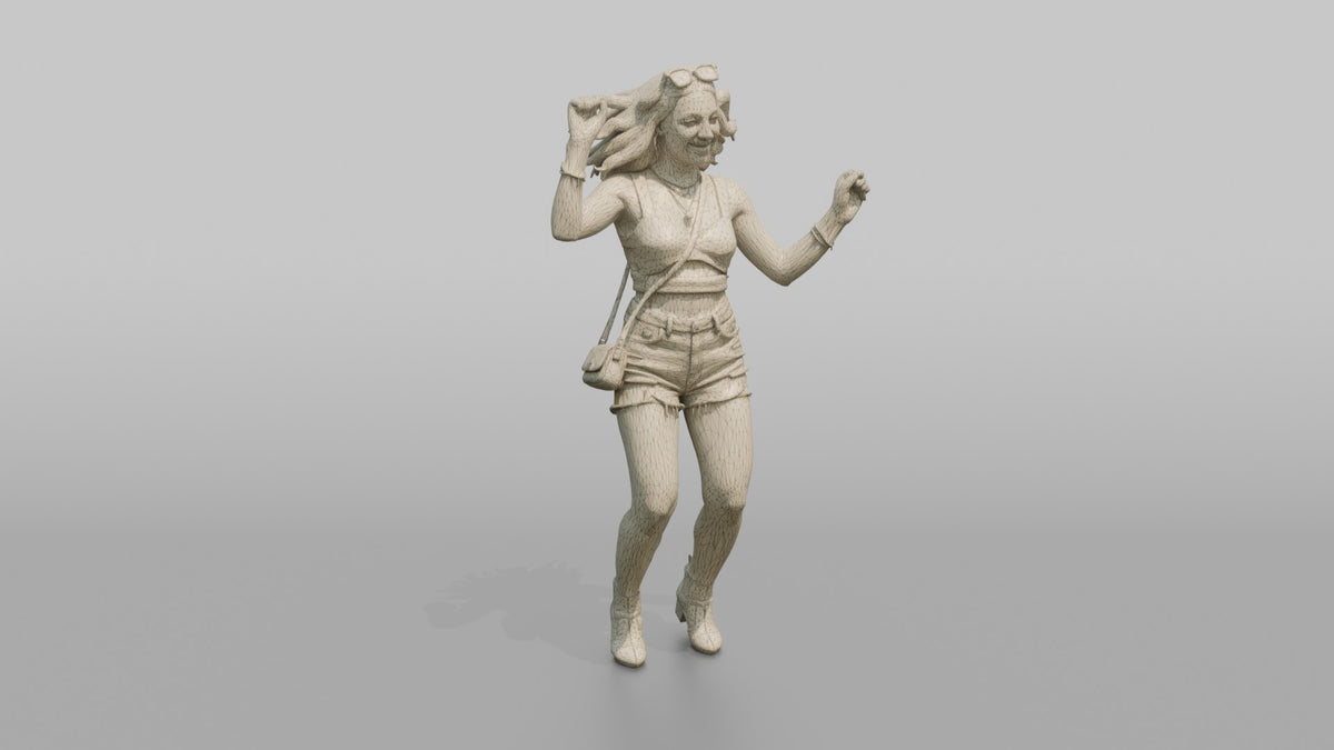 Patron Woman Dancing With Sunglasses Pushed Up, Colorful Outfit - wireframe topology preview