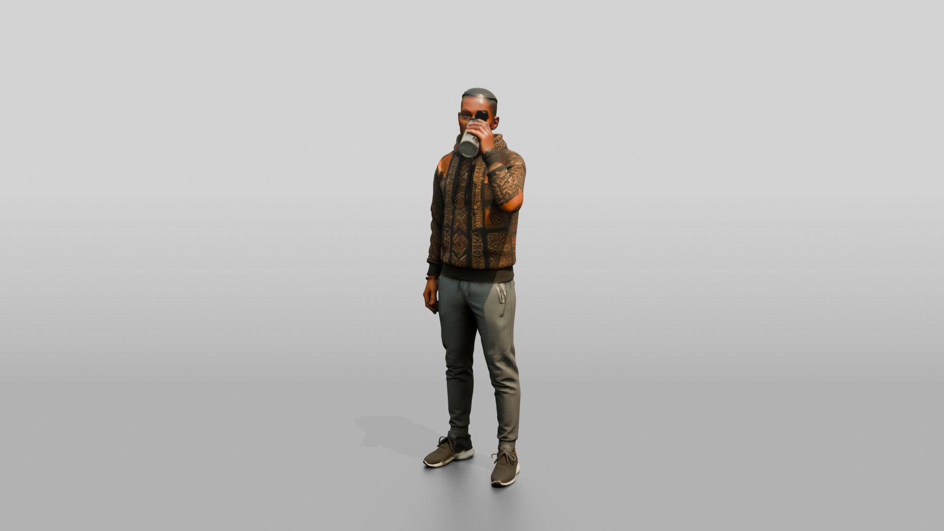 Athletic African Man Drinking Coffee in a Geometric Print Hoodie