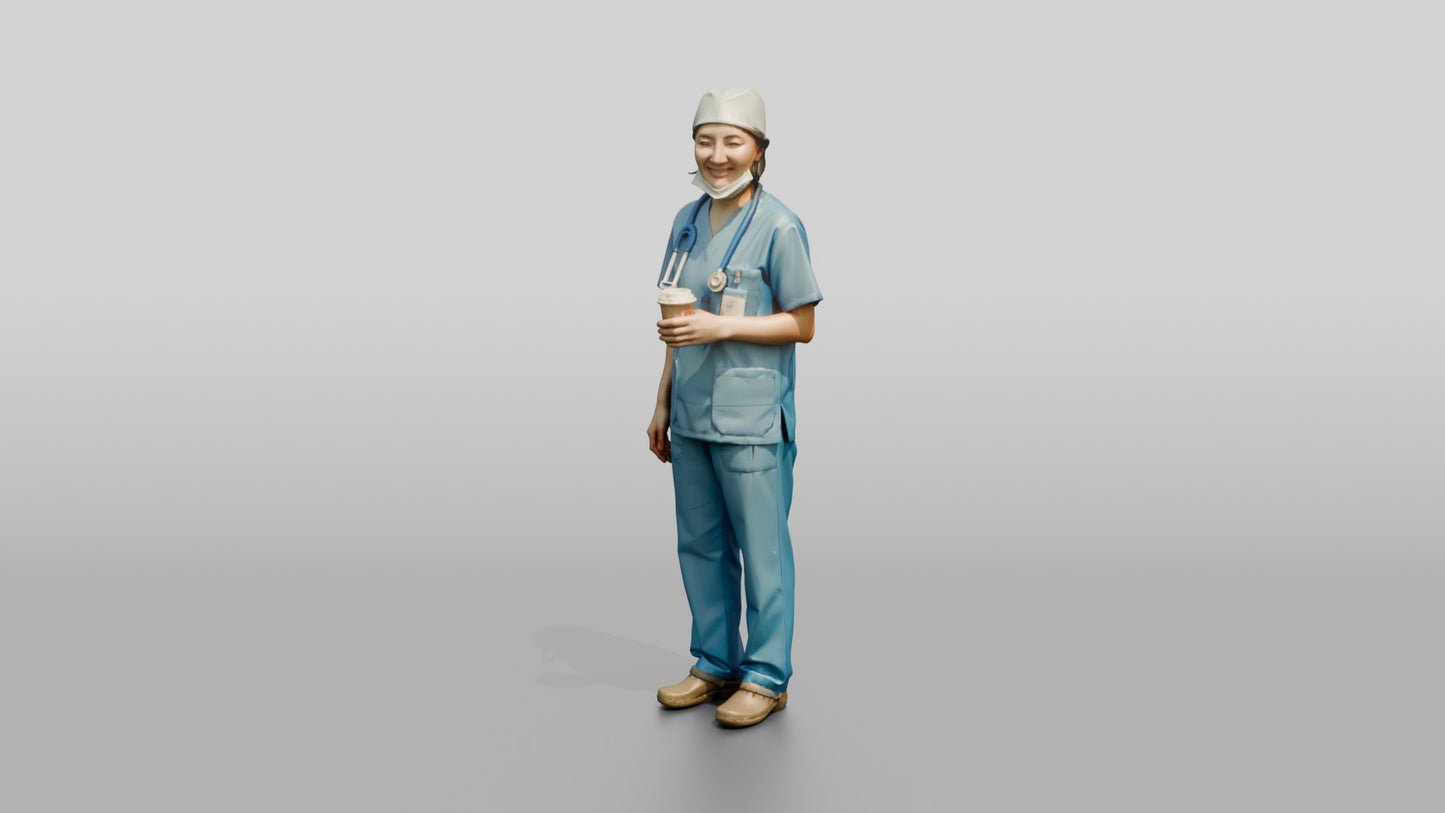 Middle-Aged East Asian Woman Doctor Holding Coffee