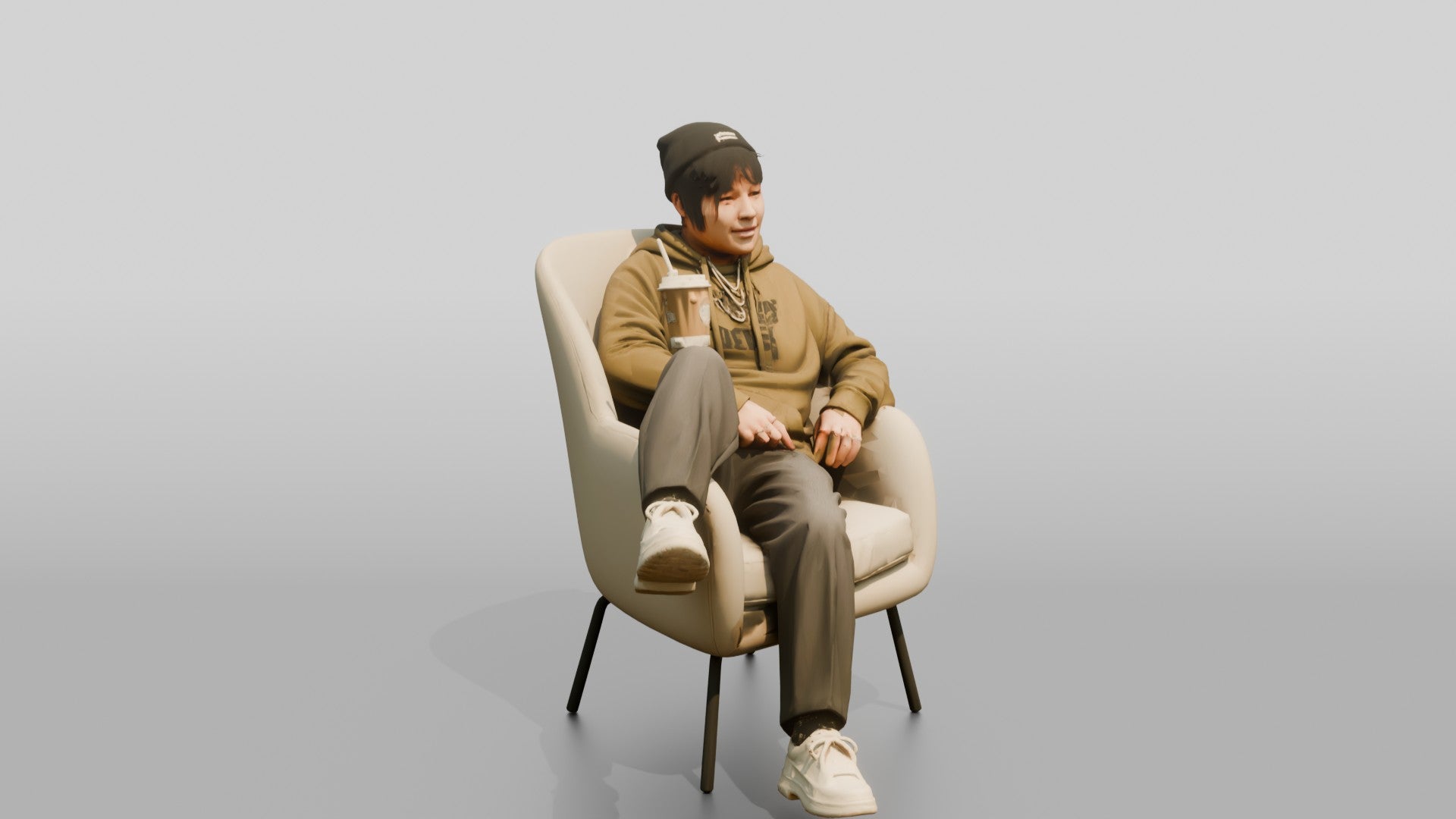 Asian Person Lounging with Coffee Cup