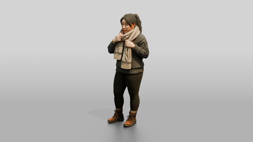 Homeless Woman Tightening a Thick Knitted Scarf