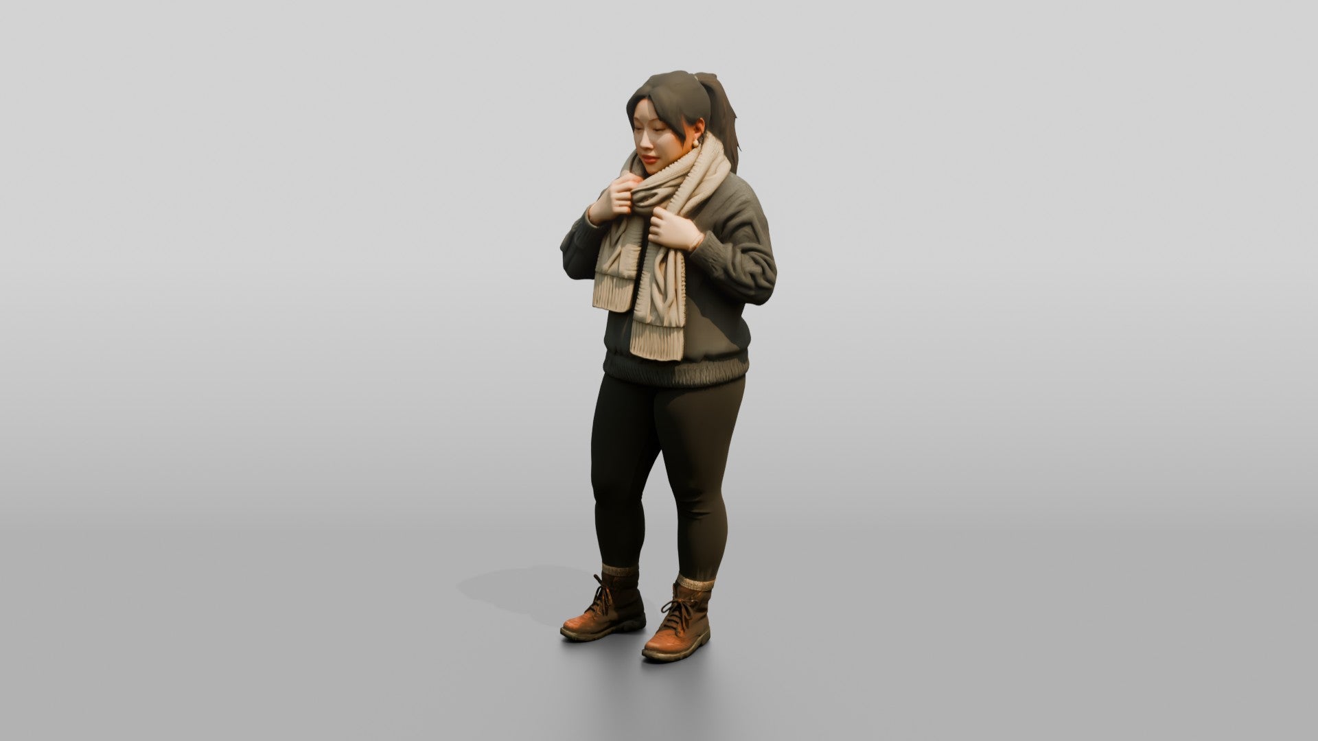 Homeless Woman Tightening a Thick Knitted Scarf