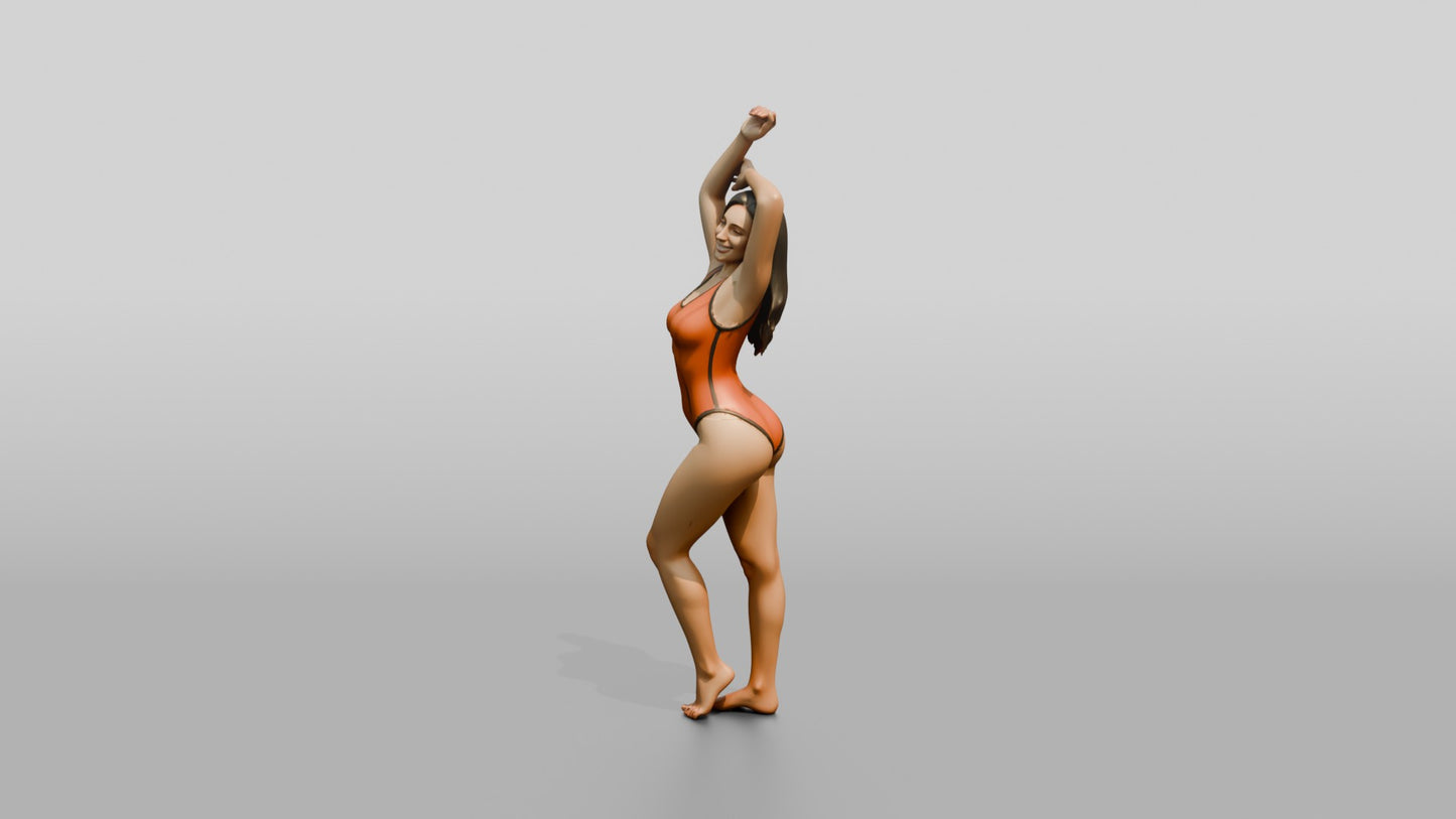 Curvy Woman in Coral One-Piece Swimsuit Arm Raised