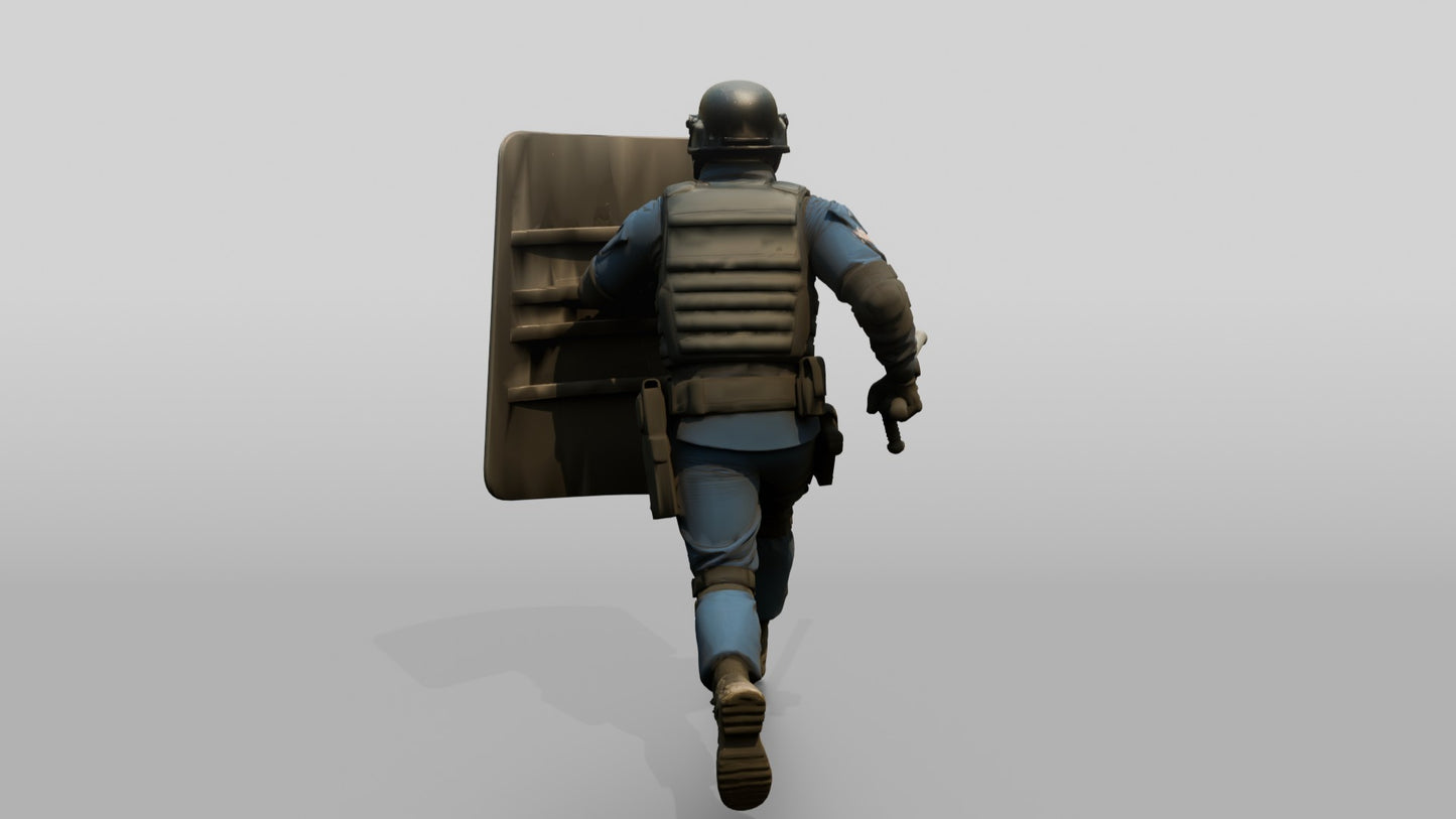 Riot Police Officers Running with Shields