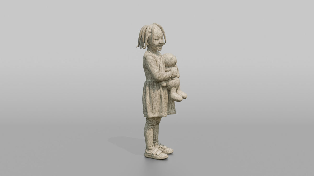 Daughter Holding A Stuffed Rabbit With Both Arms - wireframe topology preview