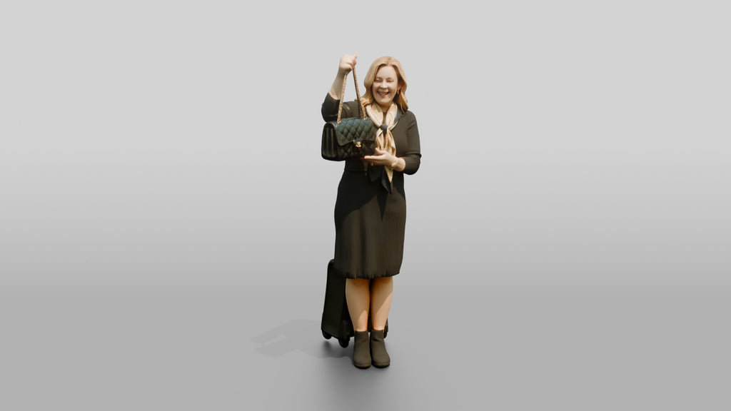 Plus-Size Blonde Woman in Black Dress with Rolling Suitcase