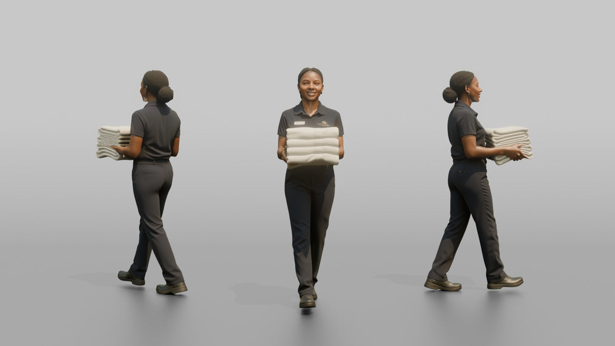 Housekeeping Staff Man Carrying A Stack Of Folded Towels - 3D character model, view 1