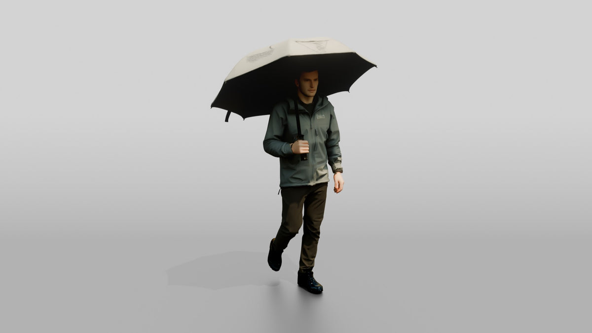 White Man in Grey Shell Jacket with Umbrella - 3D character model, view 1