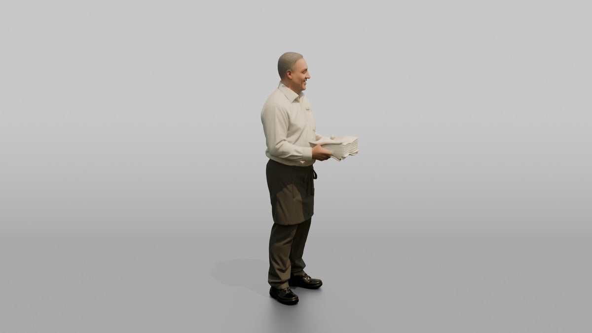 Server Woman Carrying A Stack Of Clean Folded Napkins - 3D character model, view 2