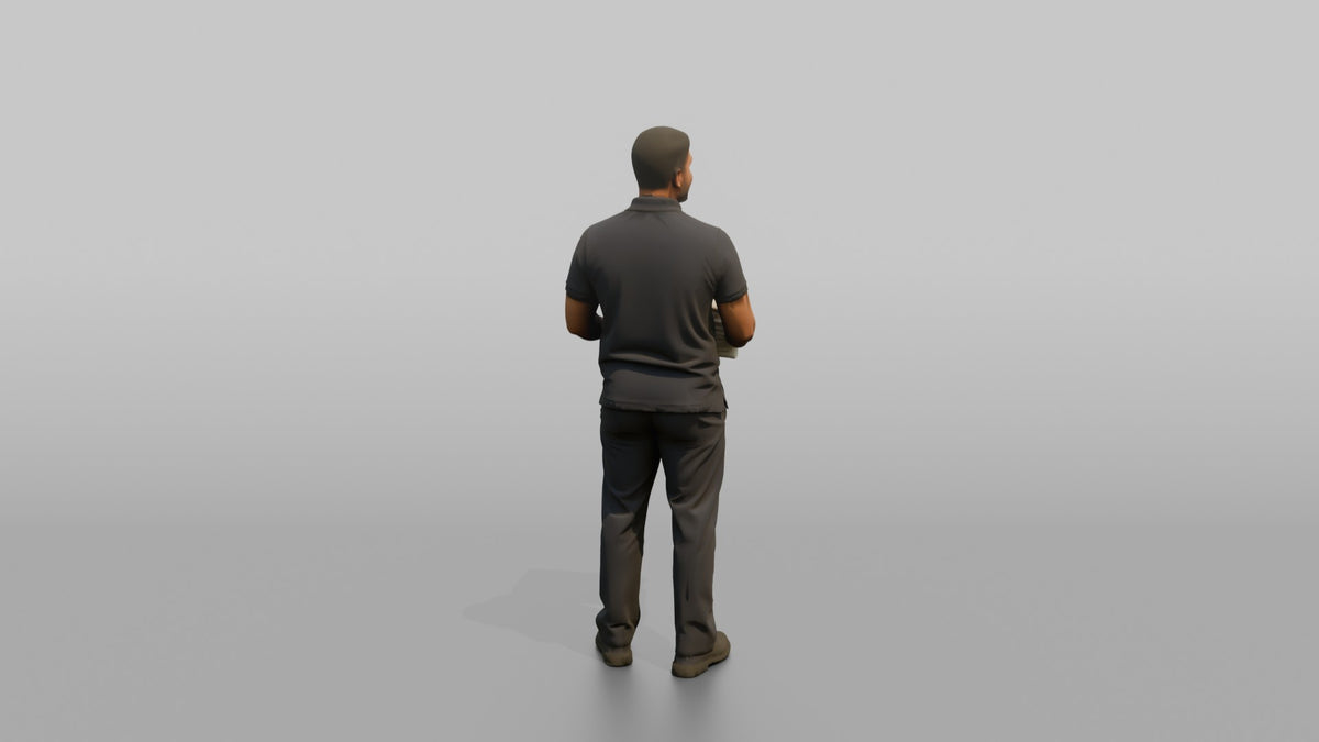 Housekeeping Staff Man Carrying A Stack Of Clean Bedsheets - 3D character model, view 3