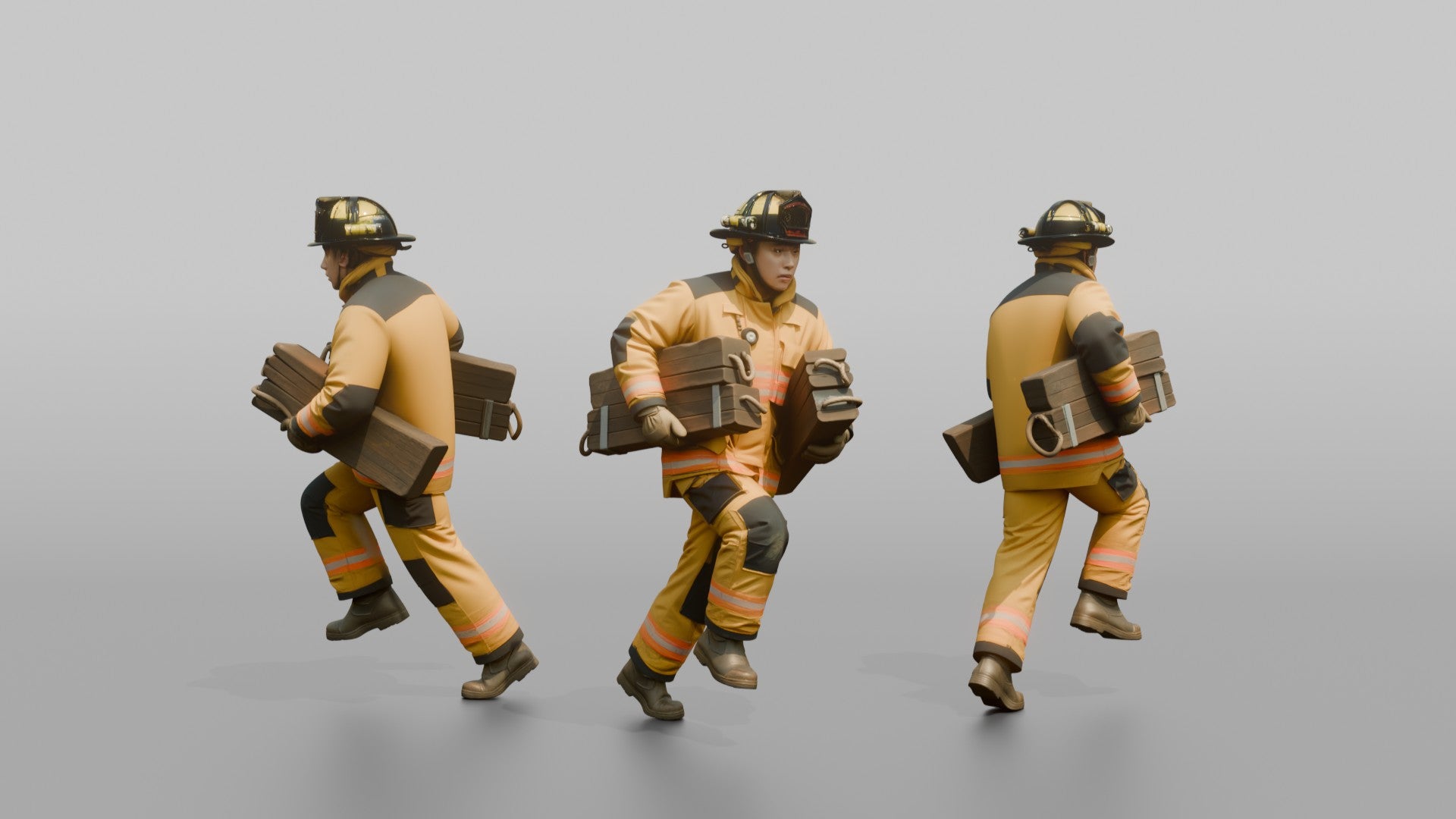 Firefighter Man Sprinting Forward While Carrying Heavy Wooden Stabilization Chocks