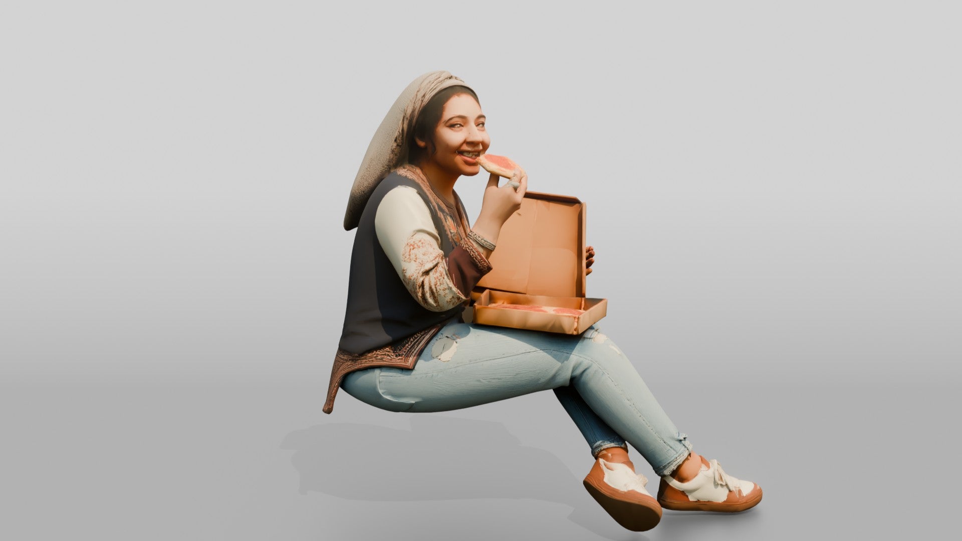 Woman in Headscarf Eating Pizza While Sitting