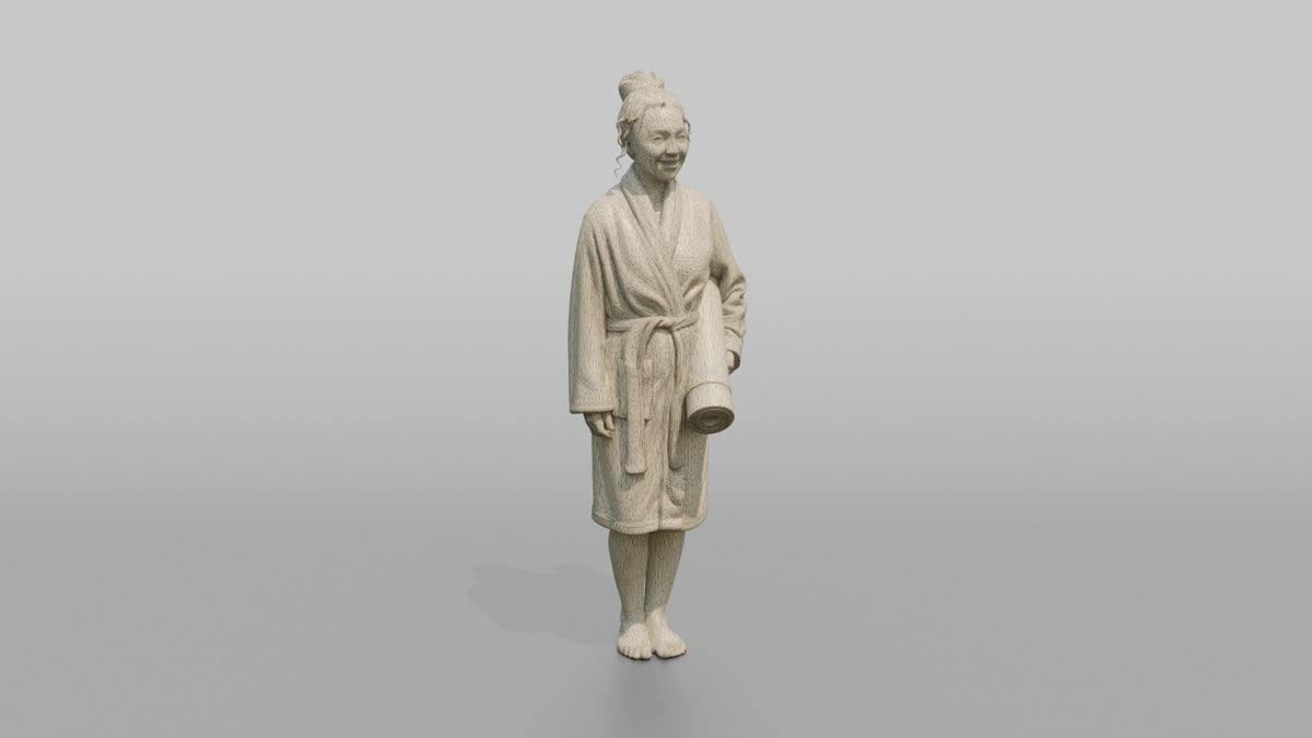 Spa Client Woman Standing Holding A Rolled Yoga Mat, Robe On - wireframe topology preview