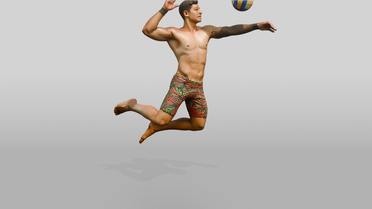 Latino Man Leaping in Beach Volleyball Pose
