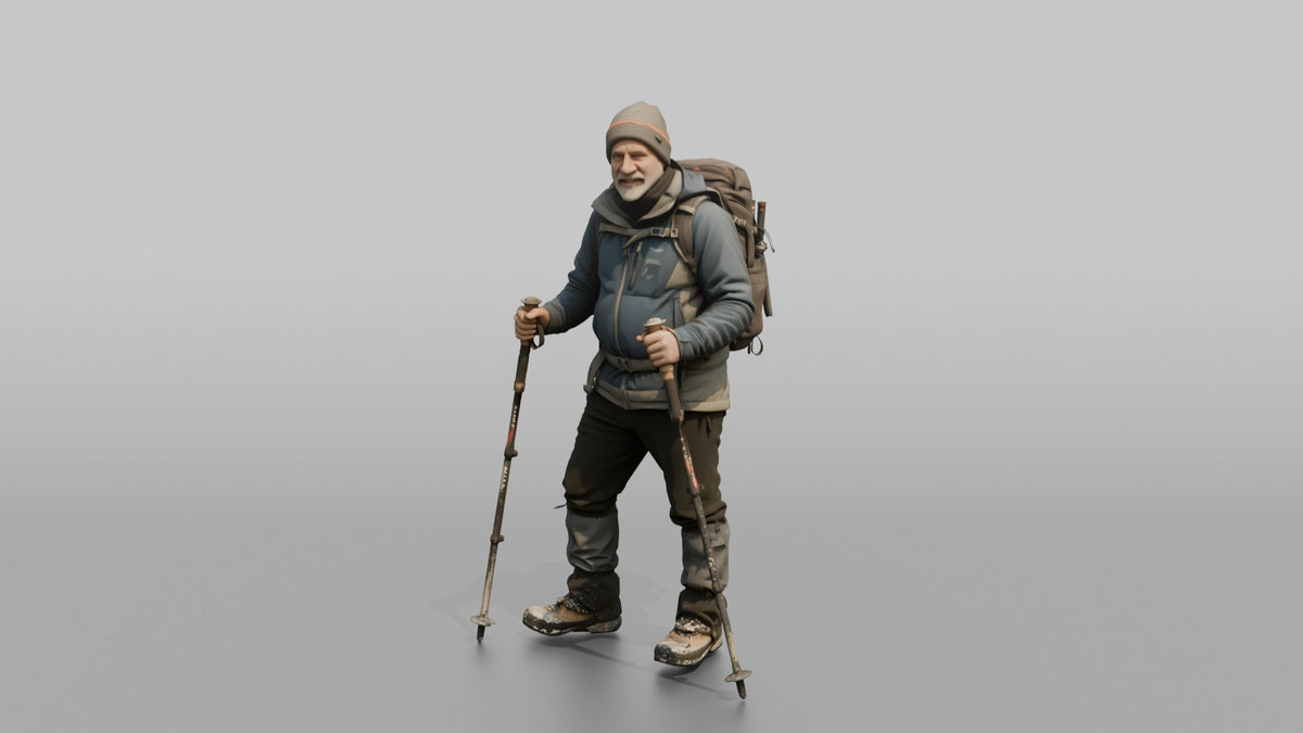 Hiker Planting Trekking Poles in the Snow - 3D character model, view 5