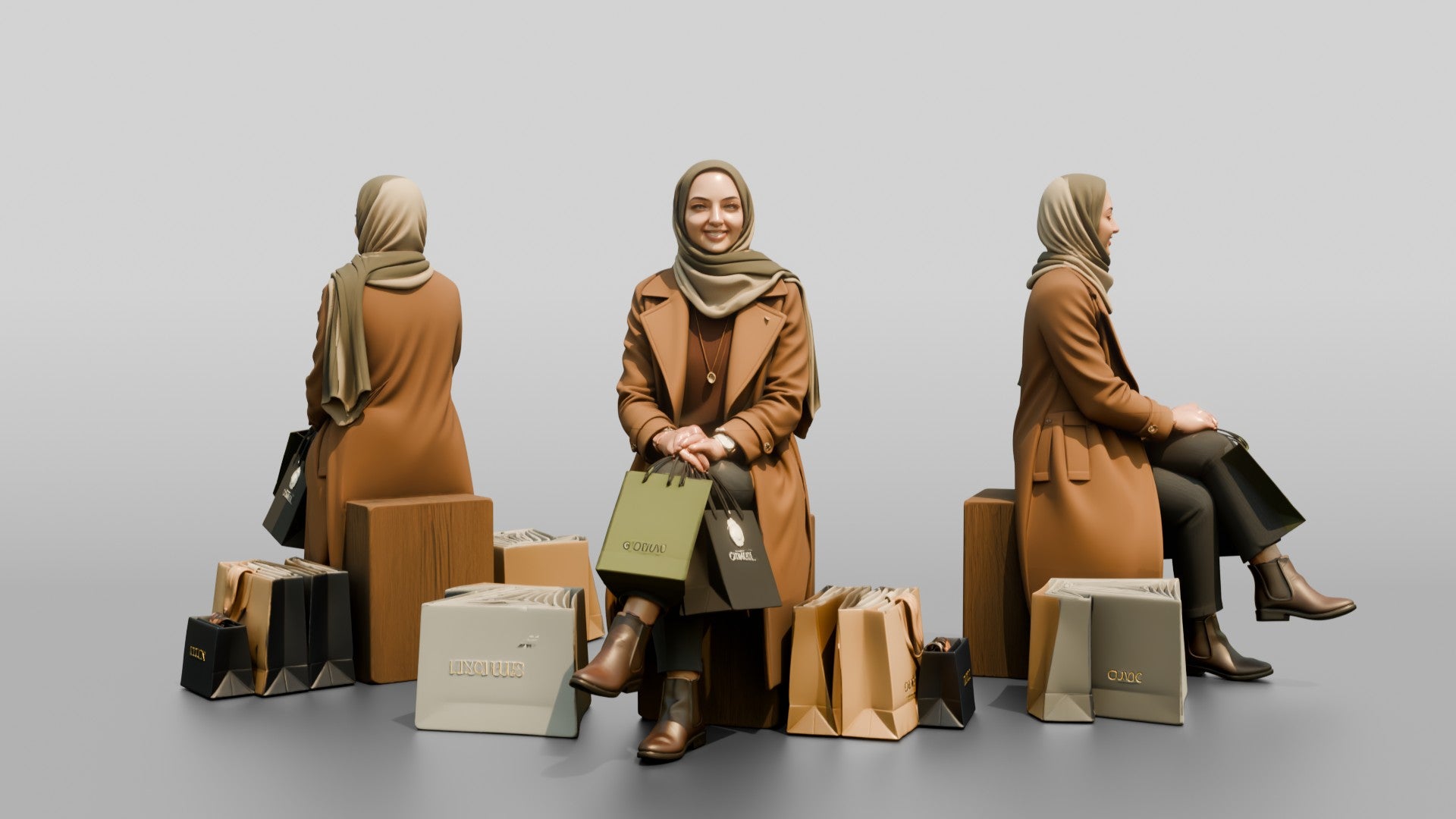 Hijab Woman in Camel Coat Sitting with Shopping Bags