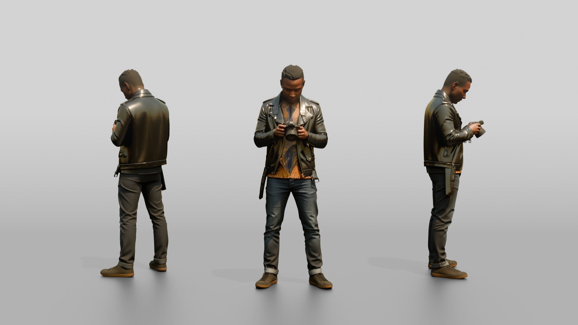 African Man in a Leather Jacket Checking a Camera