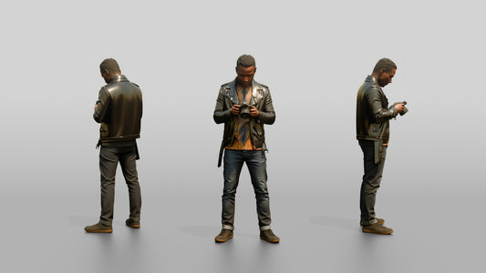 African Man in a Leather Jacket Checking a Camera