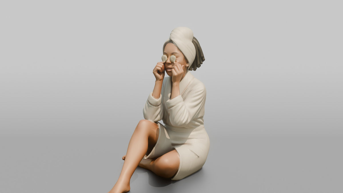 Spa Client Woman Sitting With Cucumber Slices Held Over Closed Eyes - 3D character model, view 4