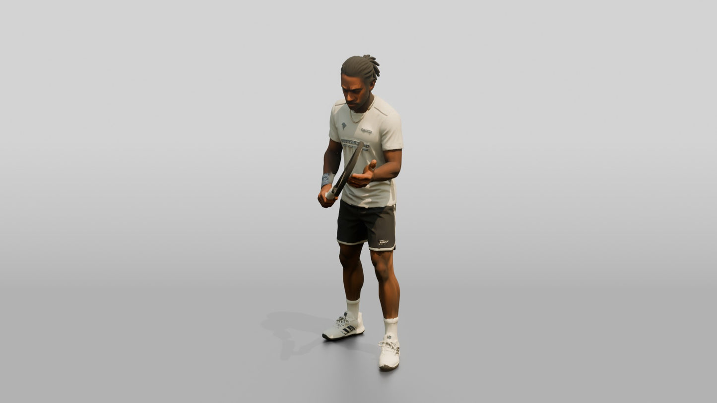 Male Tennis Player Checking His Racket Strings