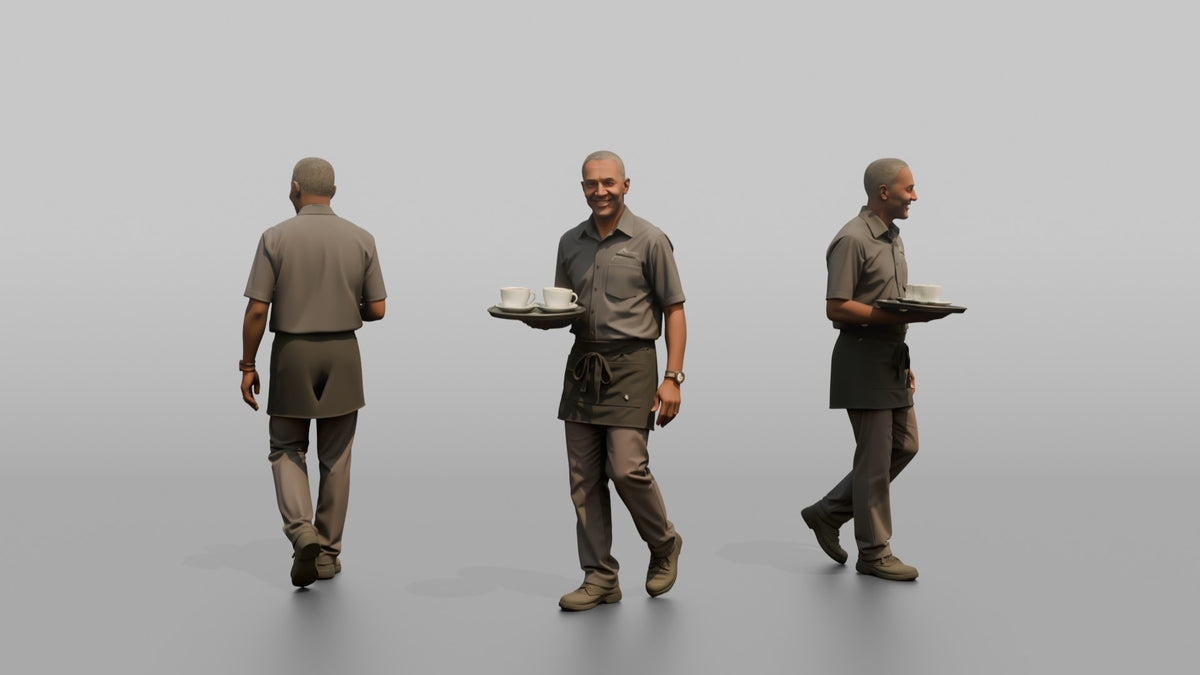 Server Woman Carrying Two Coffee Cups - 3D character model, view 1