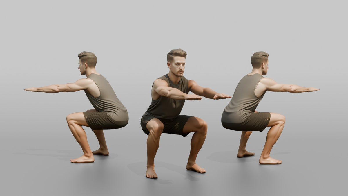 Fitness Influencer Man Holding A Deep Squat Position - 3D character model, view 1