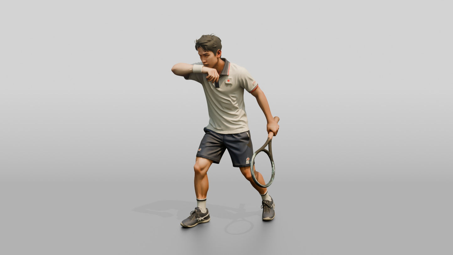 Male Tennis Player Wiping His Brow Mid-Rally