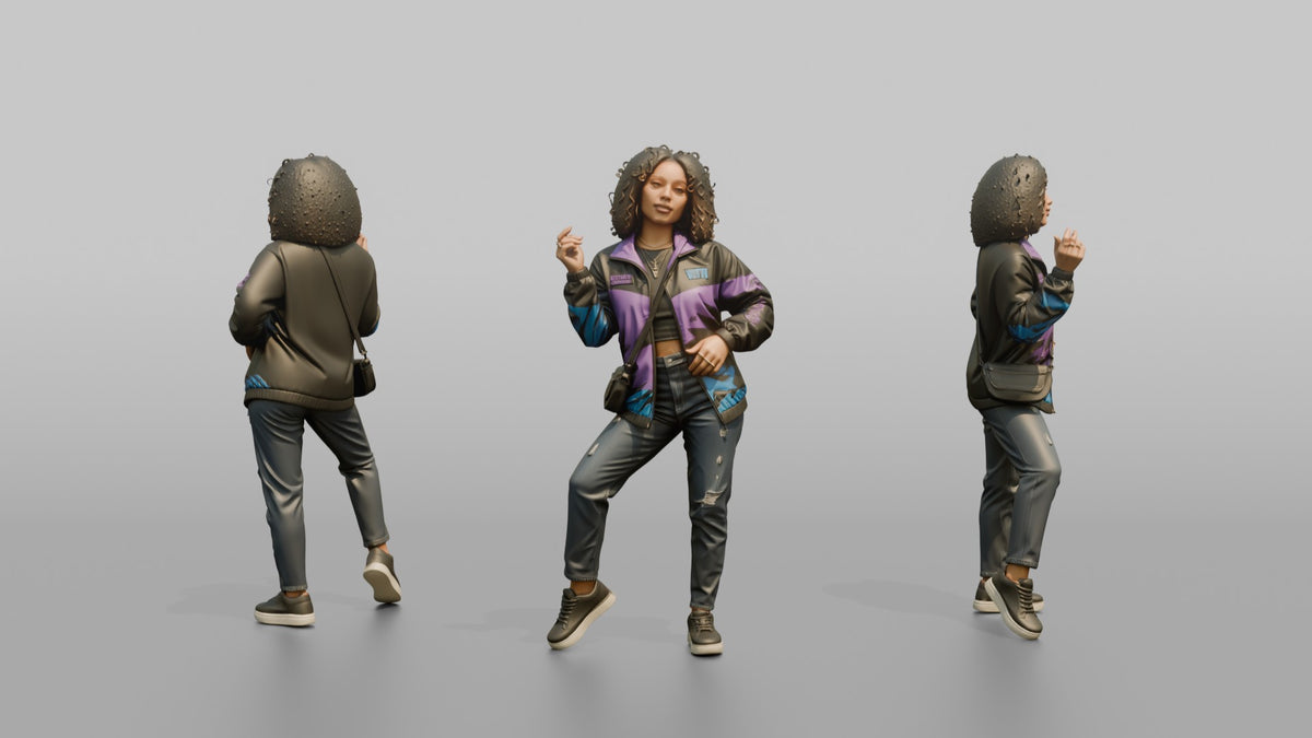 Patron Woman Striking A Bold Urban Pose In A Graphic Windbreaker - 3D character model, view 1