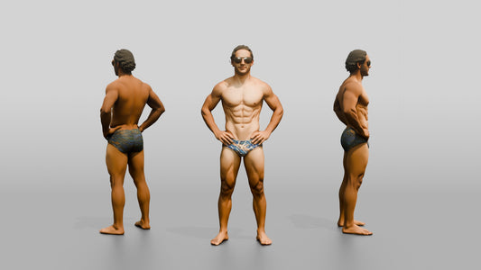 Latino Man in Geometric Swim Brief Beach Pose