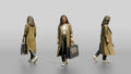 Woman in Long Olive Coat Walking with Luxury Shopping Bag
