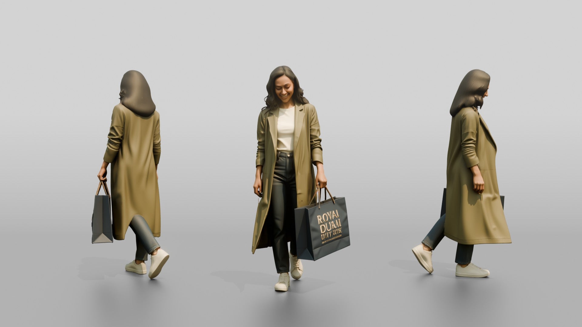Woman in Long Olive Coat Walking with Luxury Shopping Bag
