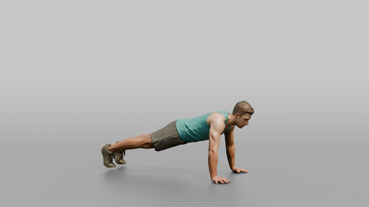 Bodyweight Athlete Man Mid-burpee, Hands On The Ground - 3D character model, view 2