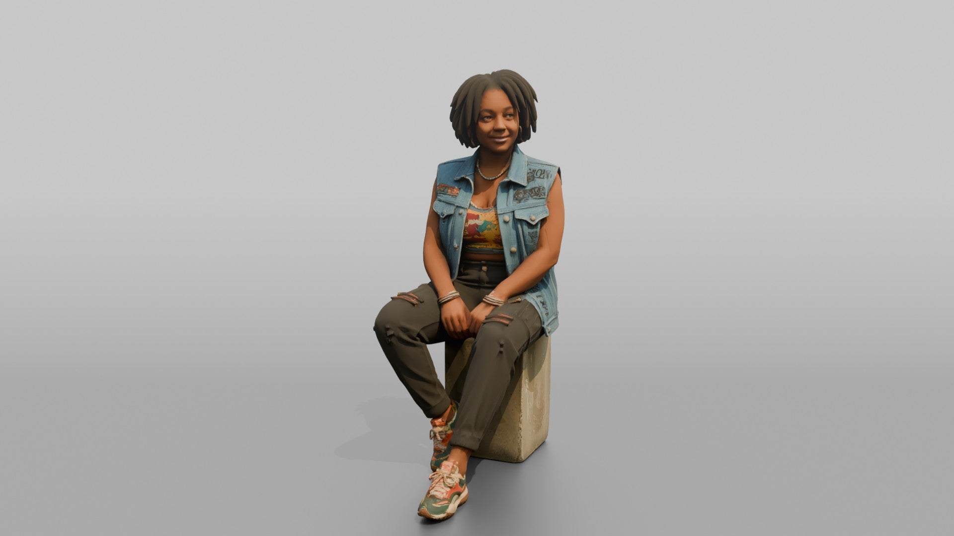 African Woman in Denim Vest Sitting on Concrete Block