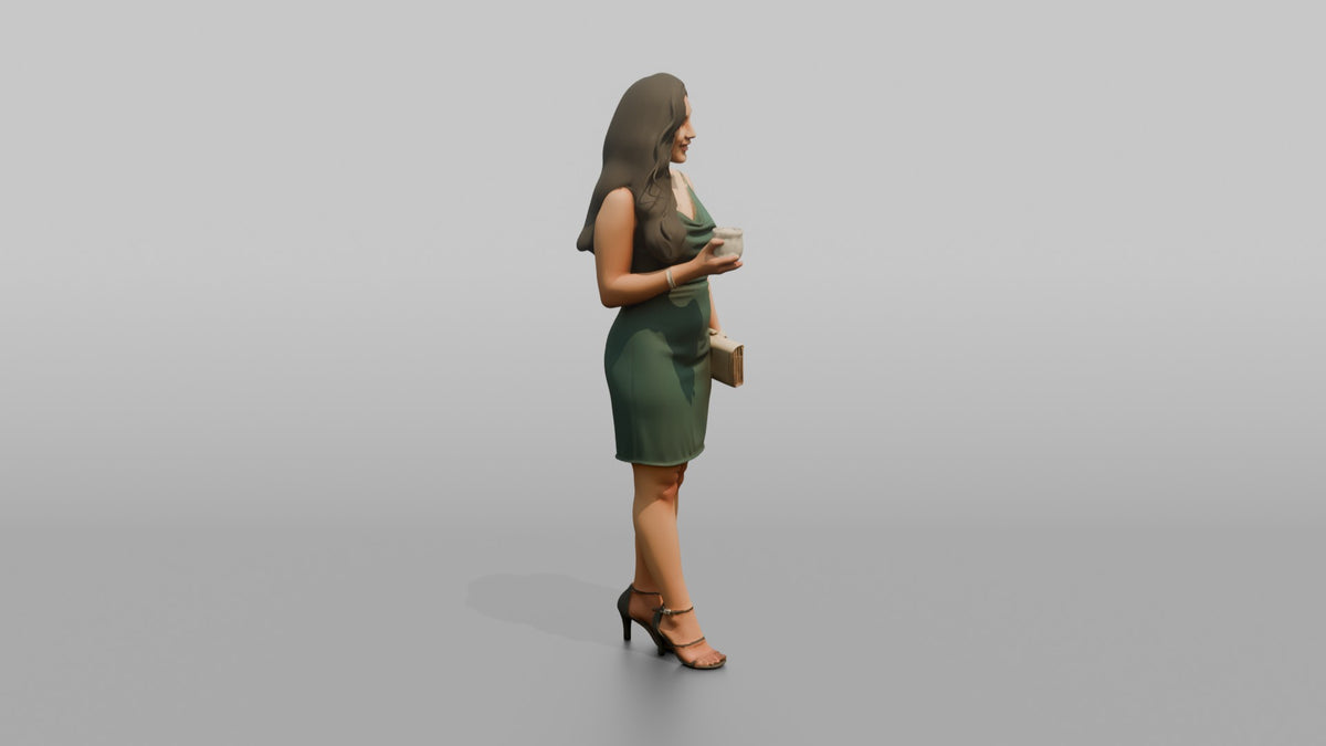 Patron Woman Standing With A Clutch Bag, Holding A Drink - 3D character model, view 2