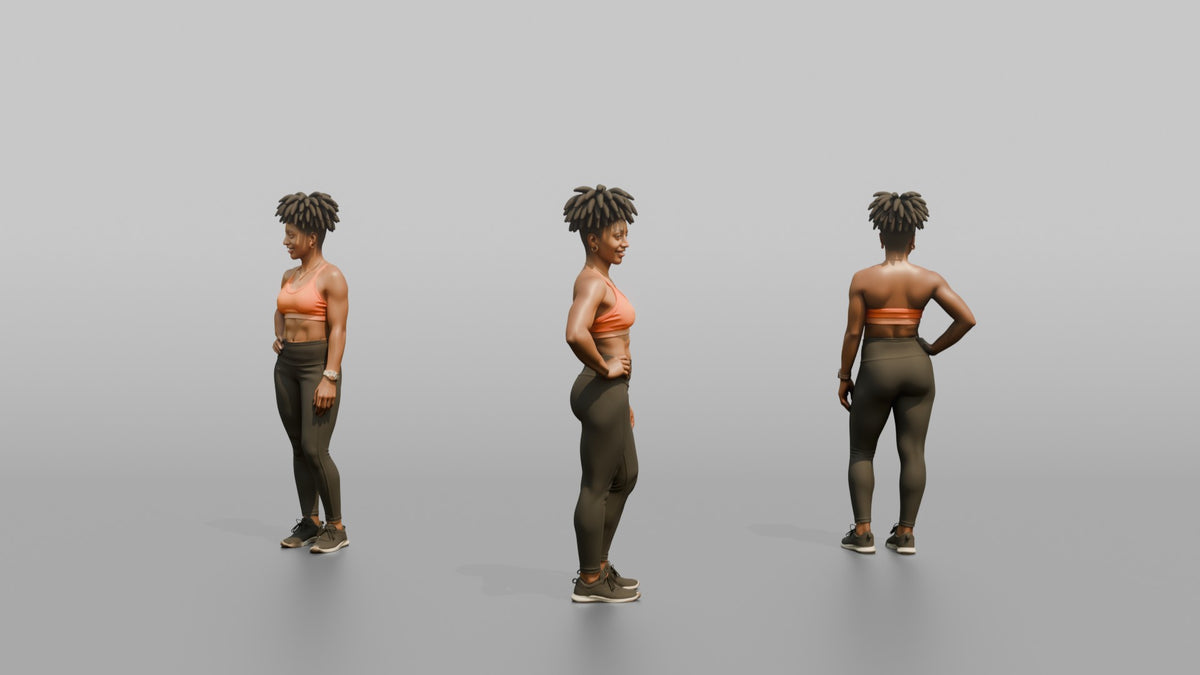 Physique Model Woman Flexing A Side Pose, One Hand On Hip - 3D character model, view 1