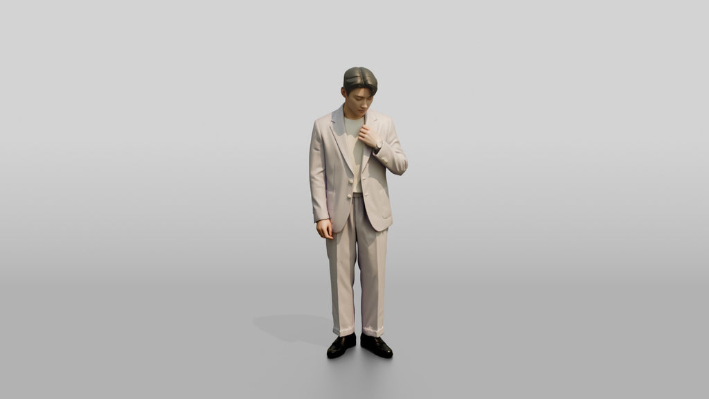 Man Adjusting Collar in Lavender Suit