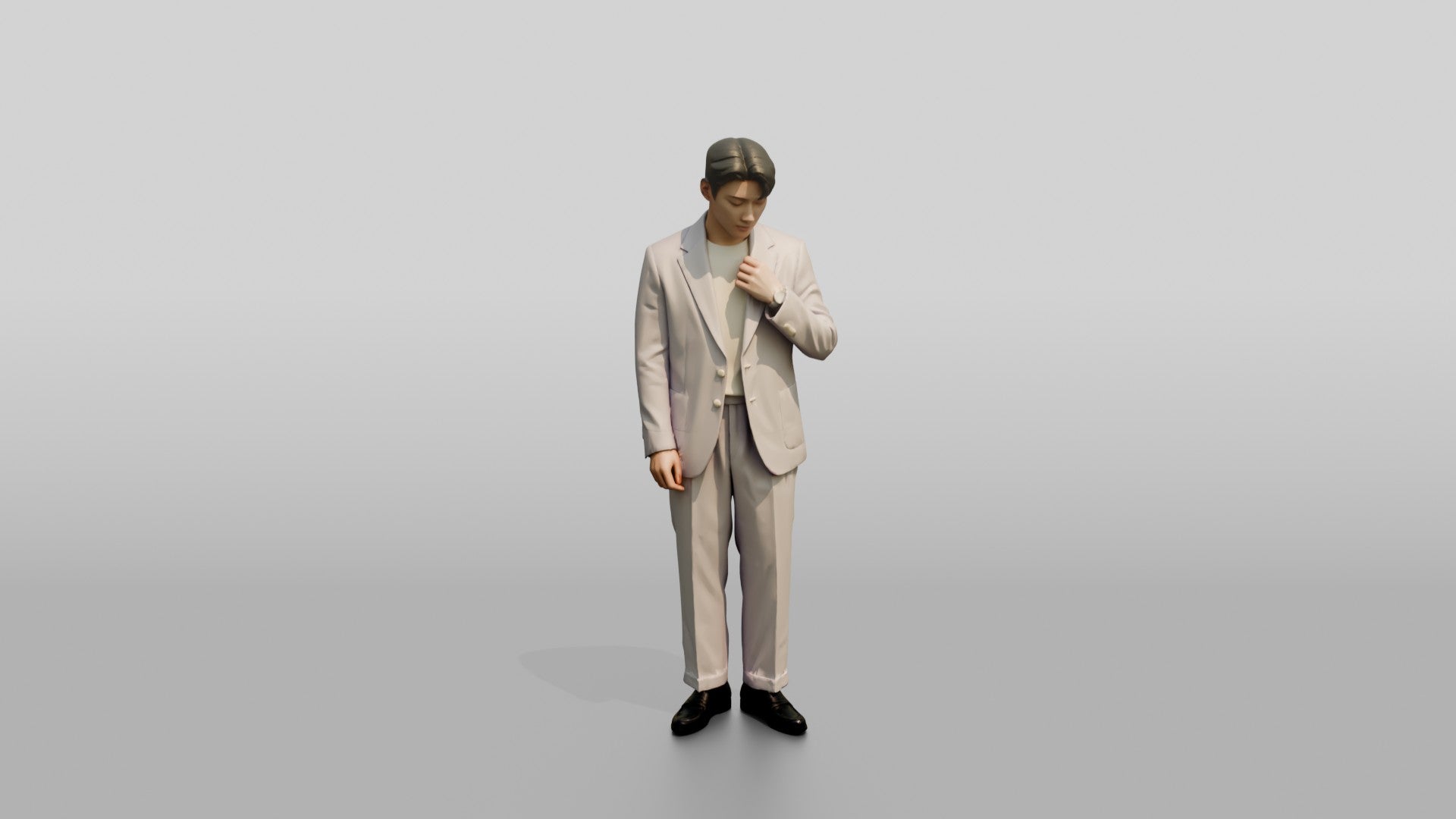 Man Adjusting Collar in Lavender Suit