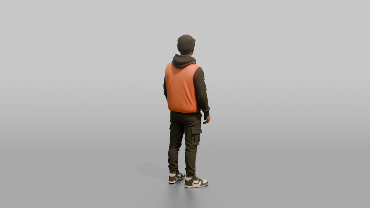 Patron Man Wearing A Bright Utility Vest Over Urban Streetwear, Confident Pose - 3D character model, view 3