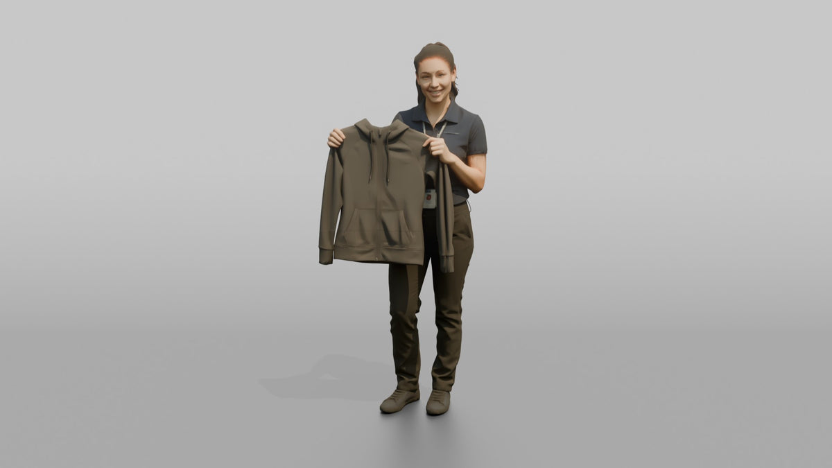 Woman Sales Associate Holding Up A Jacket For Size Comparison - 3D character model, view 5