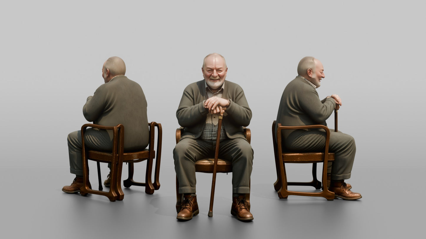 British Man Sitting Upright with a Cane