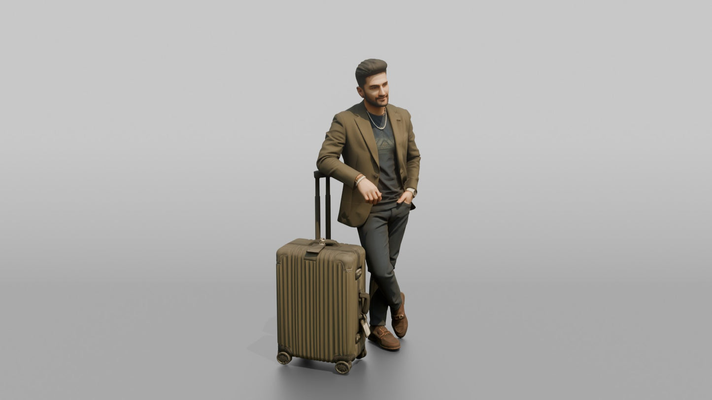 Vacationer Leaning On Large Spinner Suitcase