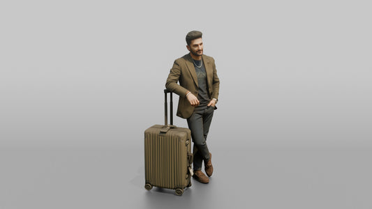 Vacationer Leaning On Large Spinner Suitcase - 3D character model, view 1