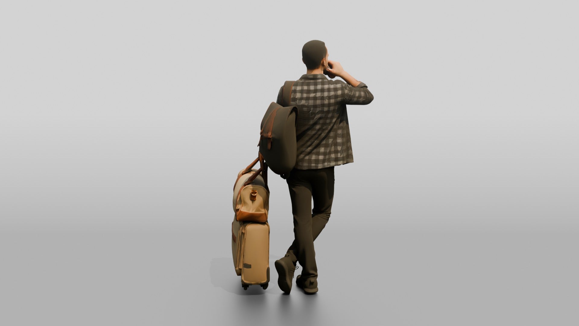 Man in Plaid Shirt Drinking Coffee and Texting with Luggage