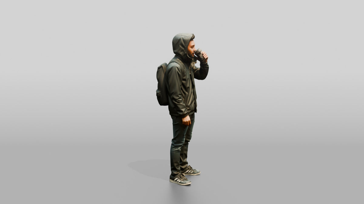 Black Man in Hooded Jacket Drinking Coffee - 3D character model, view 2