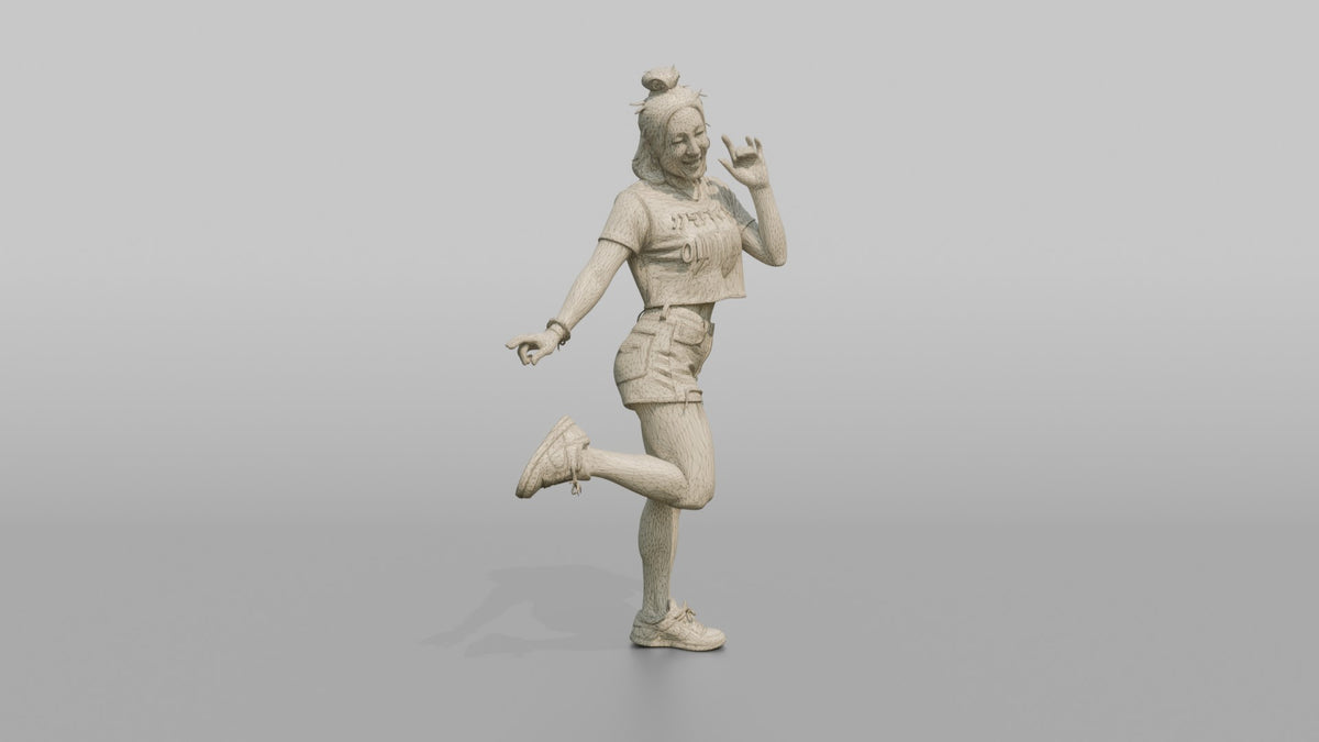Patron Woman Striking A Playful Pose In Mismatched Colorful Sneakers - wireframe topology preview